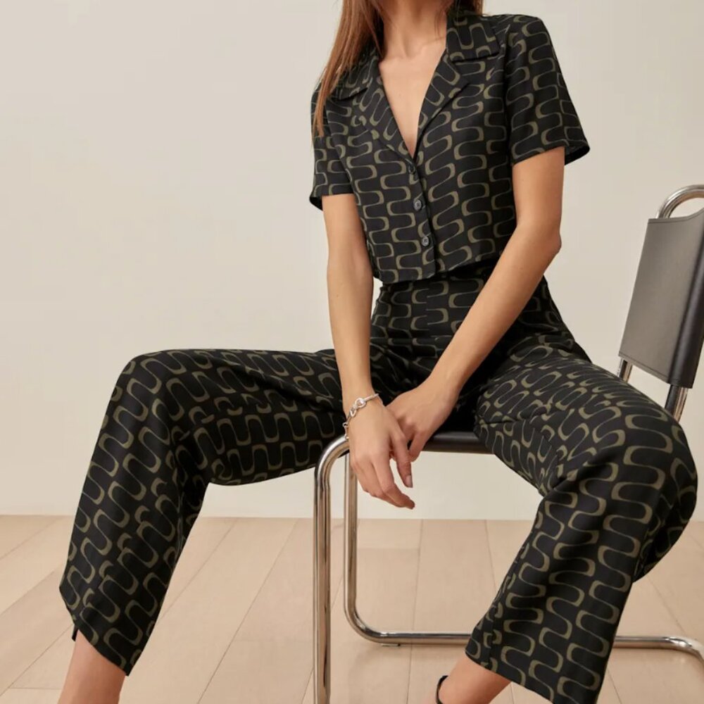 Reformation Noah Cropped Top & Pants Two Piece Set Linguini Print 10P Petite